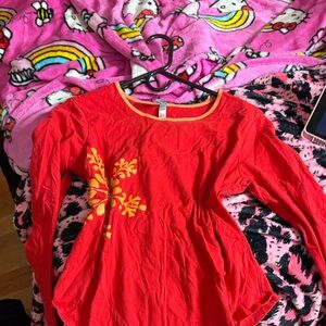 HUE Red Long Sleeve Kids Tee with Yellow Floral Design